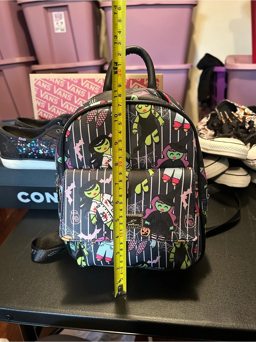 Betsey Johnson Black Mini Backpack with Neon Green & Pink Monster Print